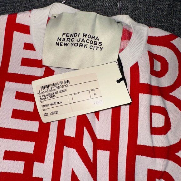 Fendi Marc Jacobs Knit Pullover White Red Chalk Coral Womens  Size 4 Oversized - Picture 3 of 5